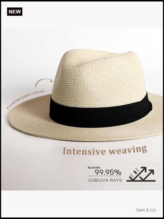 Wide Brim Straw Fedora Panama Hat UPF 50 Sun Protection Summer Beach main image 7